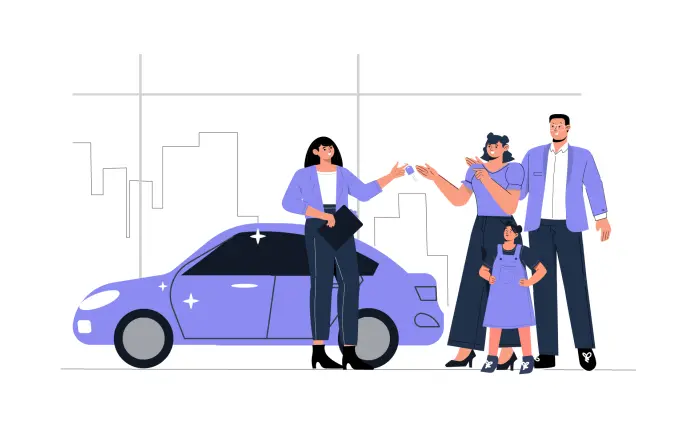 Man in Showroom with Family Buying a Car Flat Design Illustration